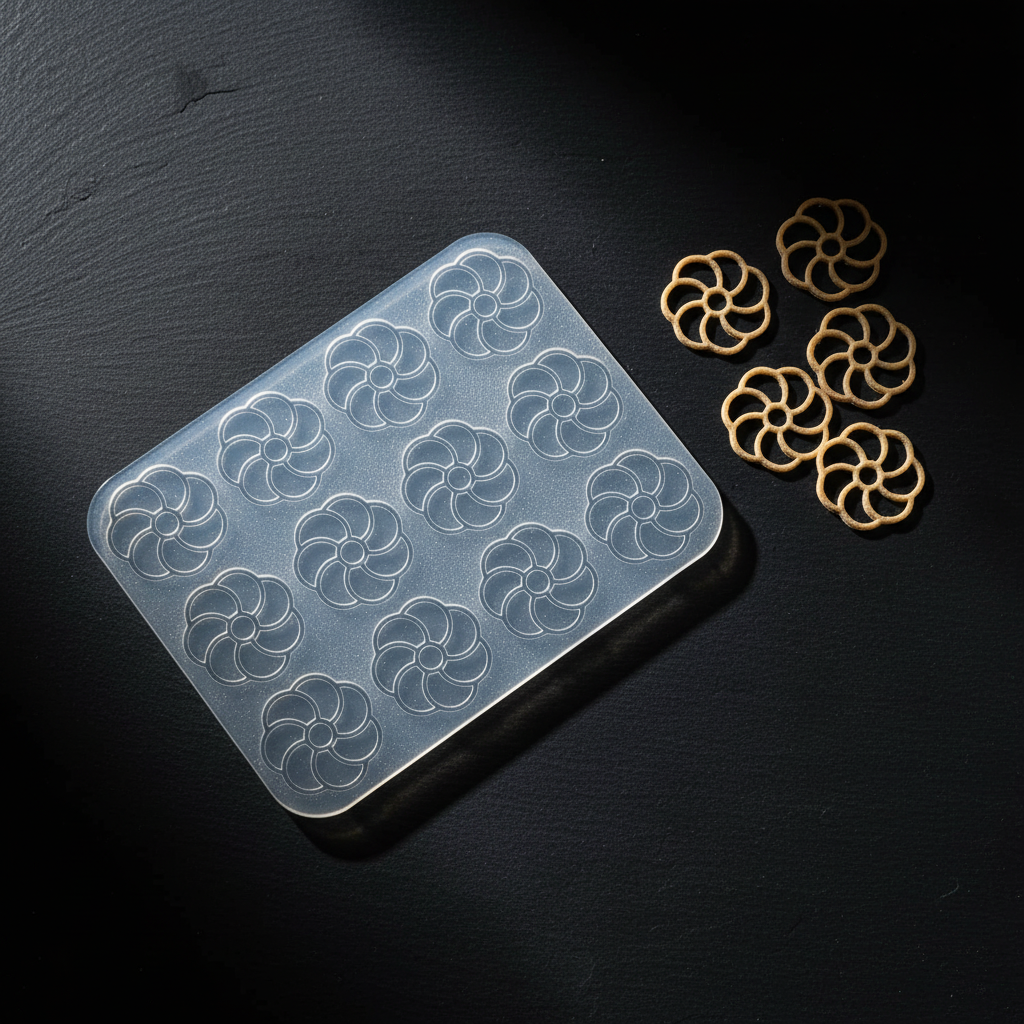 Silicone mold at correct size with tuiles on dark background
